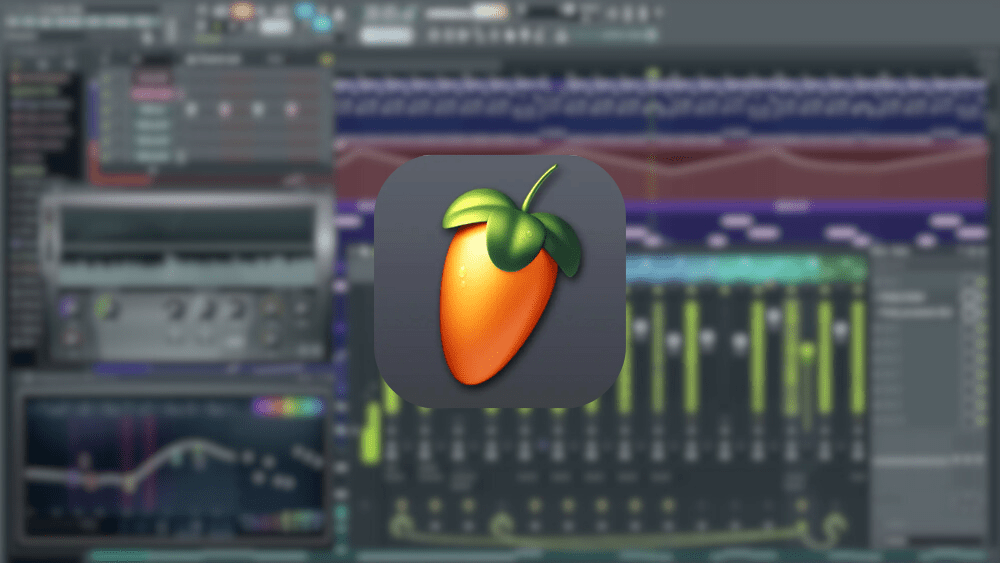 FL studio logo with a backdrop of an open project on FL studio