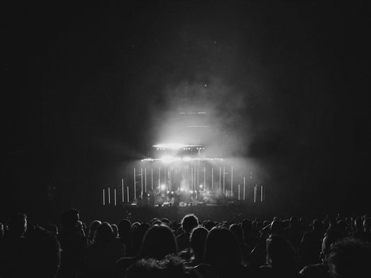 Black and white shoegaze convert with crowd, band, and smoke